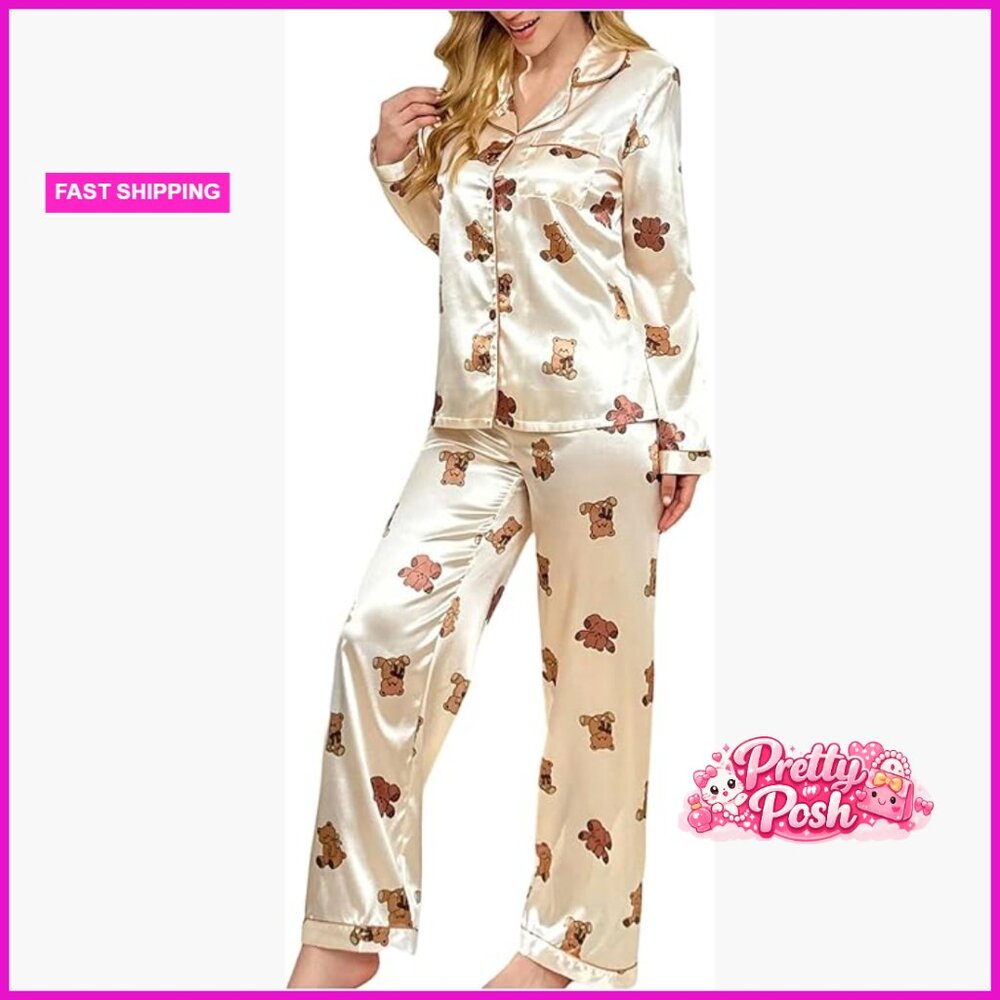 Polyester Elastane Pajama Set Long Sleeve Button … - image 1